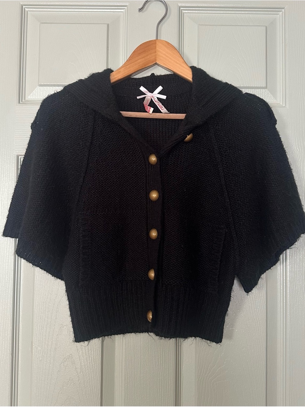 Derek Heart Black Short-Sleeve Hooded Cardigan with Gold Buttons